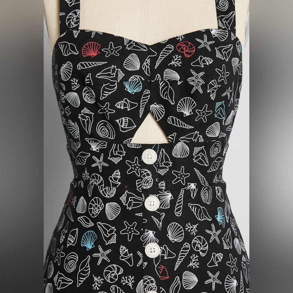 ModCloth Seashore Shells Dress Linen Pinup Cutouts Retro Coastal Black 10 - Picture 4 of 6